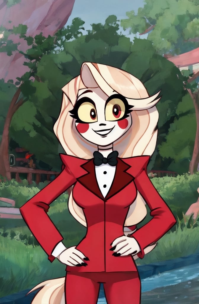 ((masterpiece, best quality, very detailed)), 1girl, charlie morningstar, smile, looking at viewer, red suit, vivziepop style, ((pilot episode)),
