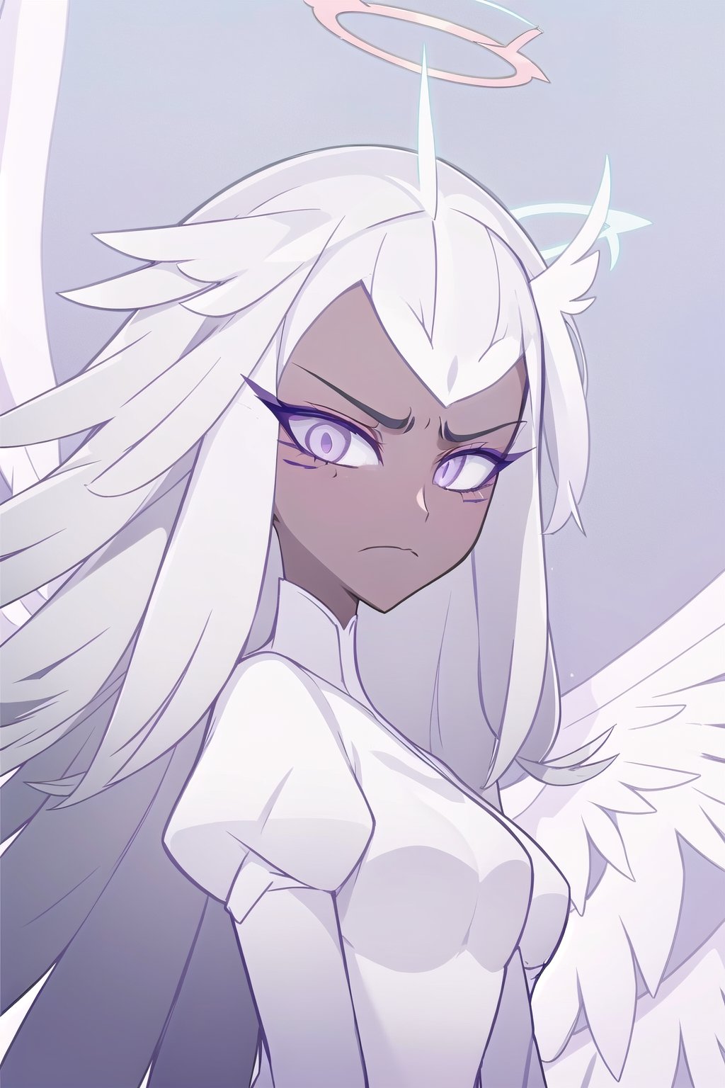 1girl, solo, long hair, closed mouth, upper body, white hair, wings, dark skin, makeup, frown, halo, eyeshadow, angel wings, angel, sera, long face, sharp jaw