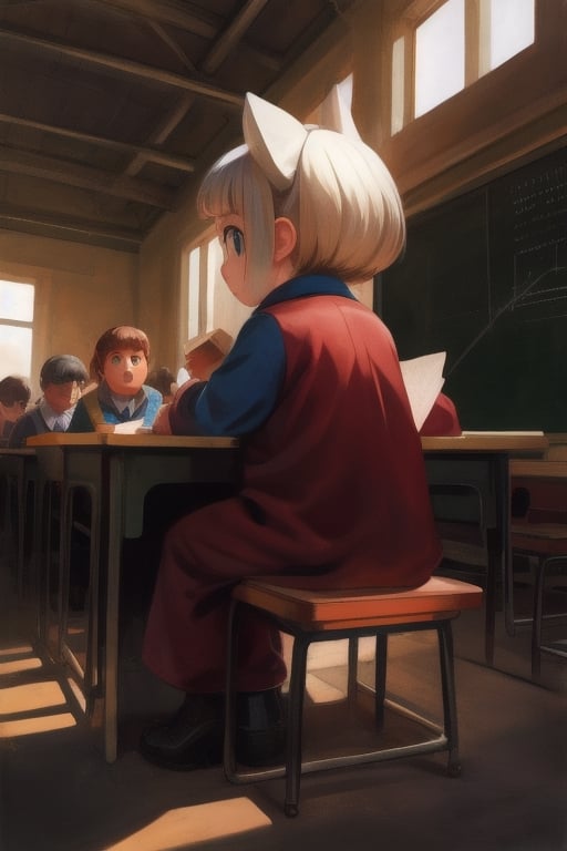 ((masterpiece, best quality, official art, hdr, high contrast, view from the back)), 1girl, solo, school, man, short girl, playing on desk, crossed legs