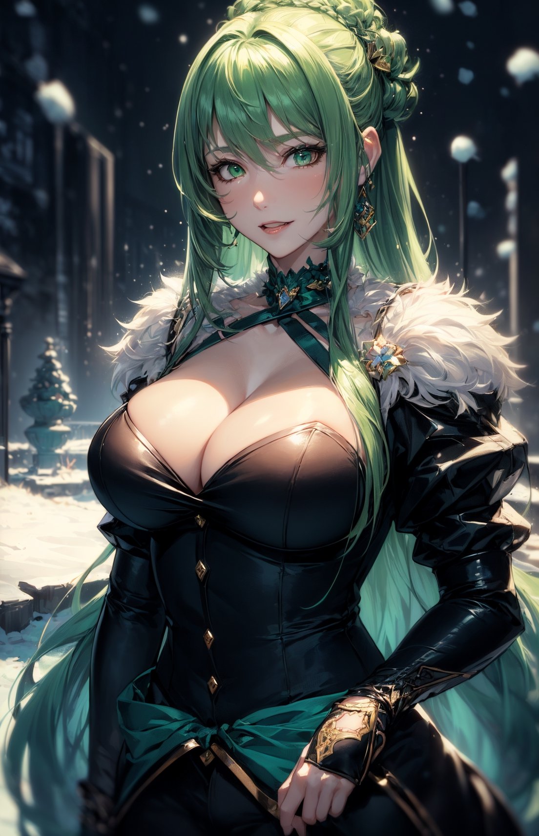 (((fantasy setting, fantasy snow garden background:1.3))), (((long green-hair:1.3))), (longhairstyle:1.4), ((pale_skin)), ((green eyes)), ((1 mature woman)), (busty), large breasts, best quality, extremely detailed, HD, 8k, (happy face), (happy eyes),dress,1 girl