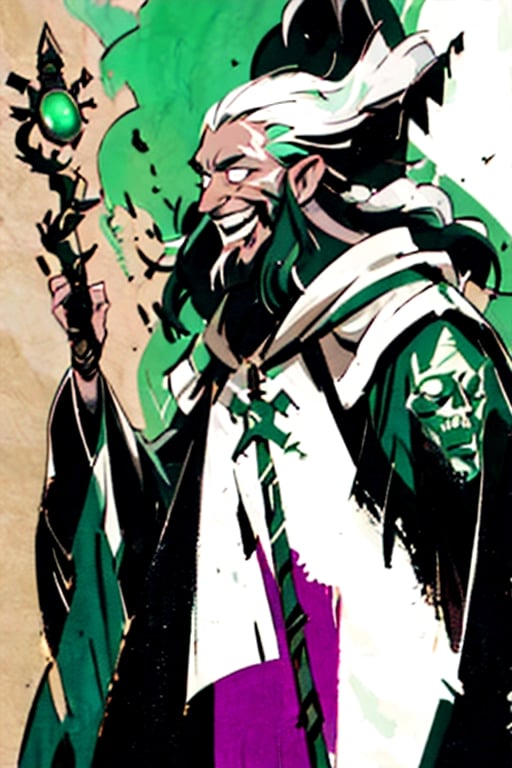 (best quality, masterpiece), portrait of a old man wizard, strong, curly white hair. large face. long beard. white beard. giant nose. nose disproportionately larger. black eyes. a grin smile. photography medieval robe. long staff in hand. cinematic light, looking to the side off camera, backlight green glow, green, gold_(metal), mist, by mikhail vrubel, by philippe druillet, by peter elson, by gerald brom, by Richard Alan Schmid, muted colors, extreme detail. in the background there is a castle,inksketch,drow, chaotic person, french nose, cascina caradonna,sketch,vectorstyle