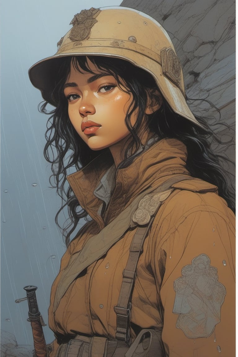 Drawing inspiration from modern masters like Moebius, Katsuya Terada, the artwork should encapsulate As unyielding rain turns into shimmering medals and handwritten
notes,
young girl is russian assasin holding knife find shelter in the trenches, their expressions a mix of resilience and nostalgia, wear clothes to stealth,
and their uniforms soaking with both water and memories.
while emphasizing elements of deep digital painting layers,arcane