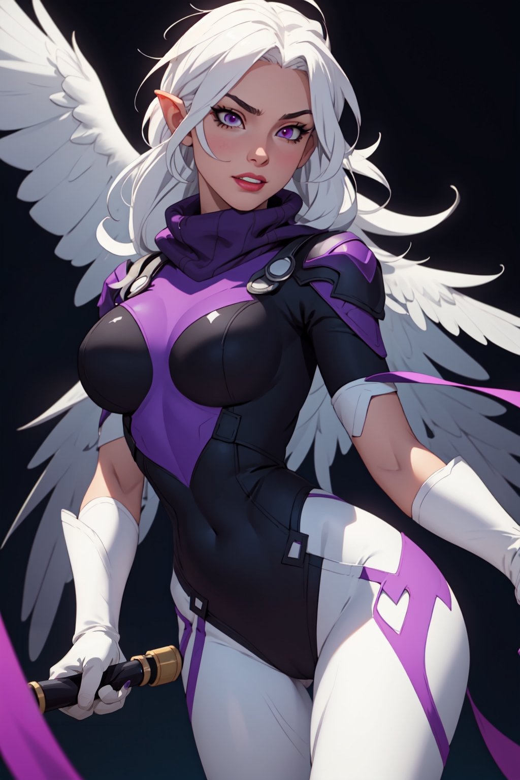 
pretty, long_hair, detailed_eyes, detailed_face, hands_out_of_frame,red_eyes, red_irises, harpy, wings, sultry, curvy, womanly_features, angel_wings, purple_highlights, normal_hand, cute_expression, solo,neon_colors,black_lingerie, white_hair, white_bangs, purple_theme, armor, pov, selfie, gloves, opera_gloves, fingerless_gloves, camel_toe,cowl,over_the_shoulder,nail_polish,perfect_hands,black_theme,light_skinned, pink_lips,full_figured,ribbons, collars,almond_eyes, dark_hair, long_white_hair, wide_hips, brown_feathers, full_lips veil, black_and_purple, harpy_lady, ivory_hair, dynamic_pose, pinup_pose, lace, leather, pinup_pose,no_teeth,thick_eyelashes,fashionable,thighs,dark_colors,symmetrical_eyes,voluptuous,Deku_Link_Zelda,Chiaki_Garo_aiwaifu,RedHoodWaifu,EpicLogo,PinchingPOV,open chest sweater,1 girl,rave clothes,bodypaint,Tex Mex Burrito Style,High detailed ,Color magic,Saturated colorsHigh detailed ,Tex Mex Burrito Style,Saturated colors,destiny /(takt op./),midjourney