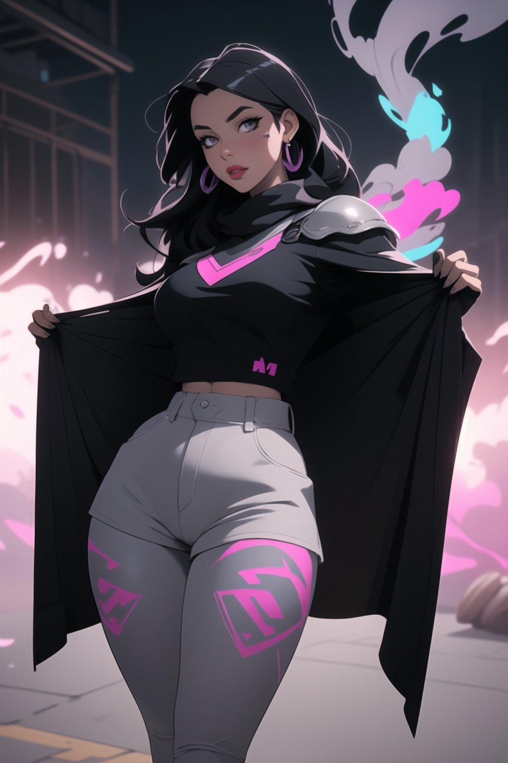 
pretty, long_hair, detailed_eyes, detailed_face, hands_out_of_frame, sultry, curvy, face_paint,nose_band,womanly_features, smoke,, purple_highlights, normal_hand, cute_expression, solo,neon_colors,black_hair, black_theme, armor, pov, selfie, gloves, opera_gloves, fingerless_gloves, jacket, cape, gray_smoke, laying_down, pole_dancing, cheerleader_pose,sexy_pose,camel_toe,cowl,over_the_shoulder,nail_polish,perfect_hands,black_theme,light_skinned, dress, skirt, shorts,pink_lips,full_figured,ribbons, collars,almond_eyes, dark_hair, wide_hips, straps, brown_feathers, full_lips grunge, black_and_gray, charcoal_hair, dynamic_pose, pinup_pose, lace, leather, mask, face_mask, cargo_pants, cheerleader_outfit,pinup_pose,no_teeth,thick_eyelashes,fashionable,thighs,dark_colors,symmetrical_eyes,voluptuous,Deku_Link_Zelda,Chiaki_Garo_aiwaifu,RedHoodWaifu,EpicLogo,PinchingPOV,open chest sweater,1 girl,rave clothes,bodypaint,Tex Mex Burrito Style,High detailed ,Color magic,Saturated colorsHigh detailed ,Tex Mex Burrito Style,Saturated colors,destiny /(takt op./),midjourney,pov