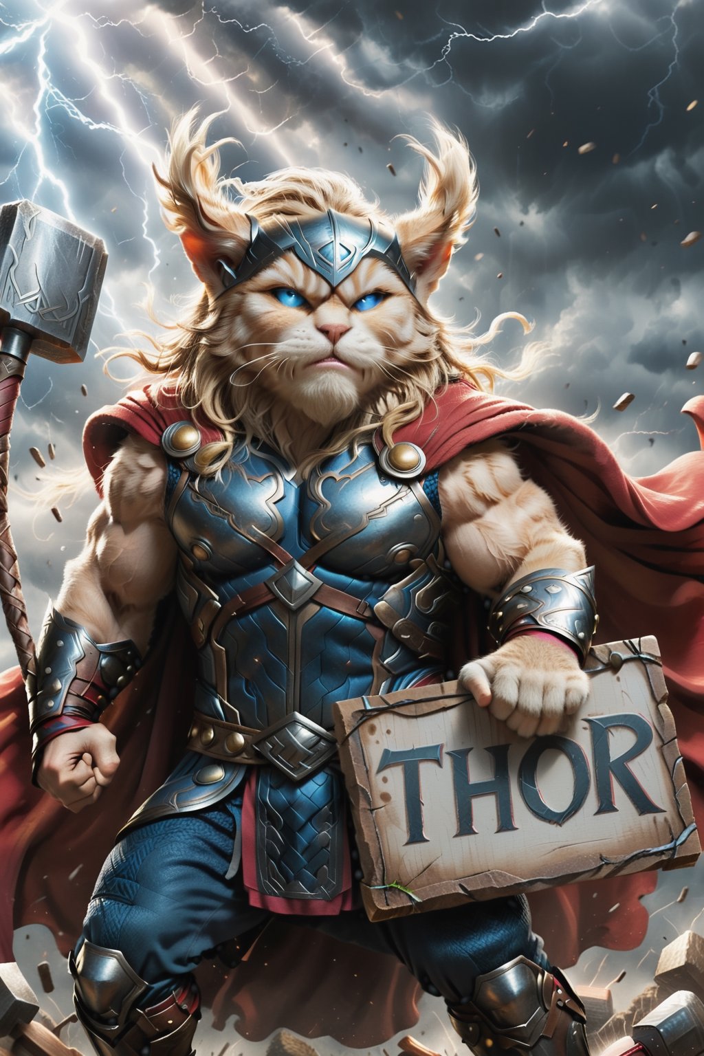 muscular cat blond hair and large )), (powerful cat in the form of the mythical god Thor, the god of thunder.), (((holding a sign with the text: "THOR"))), action-packed background