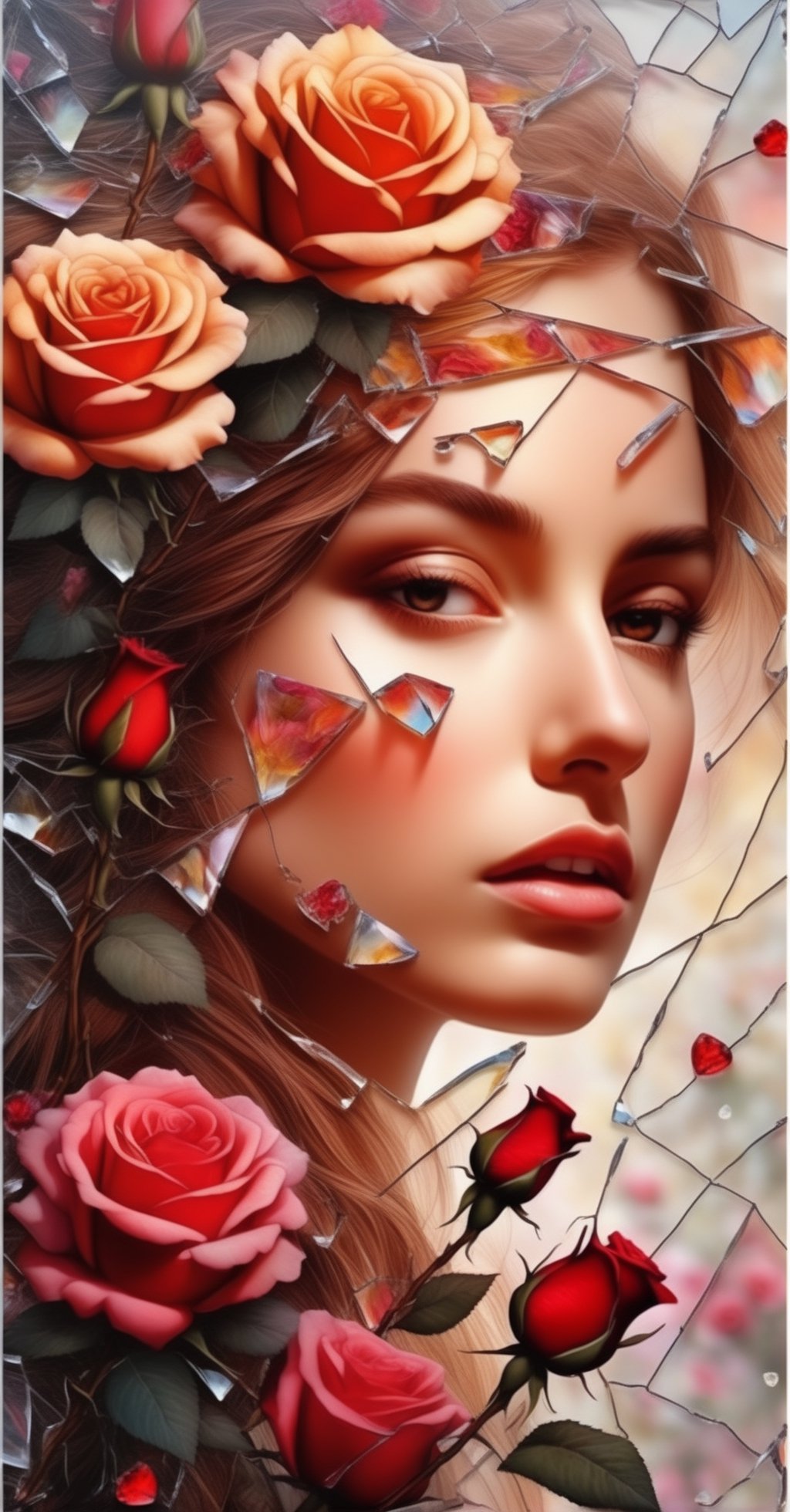 Positive prompt:
Compose a deeply emotional and visually stunning image featuring a young Norwegian woman, face as cracked broken glass, natural skin, in the Garden of Eden, with delicate multicolored roses, incorporate abstract art elements conveying a broken glass effect, conveying shattered memories and a tinted background with vivid shades to enhance the emotional impact, include rose thorns dripping with blood, adding to the overall beauty and evocative nature of the piece, hyper-detailed and intricate elements, The dramatic atmosphere enhances the overall high-quality and detailed nature of this stunning piece of artwork, style of Josan Gonzalez,