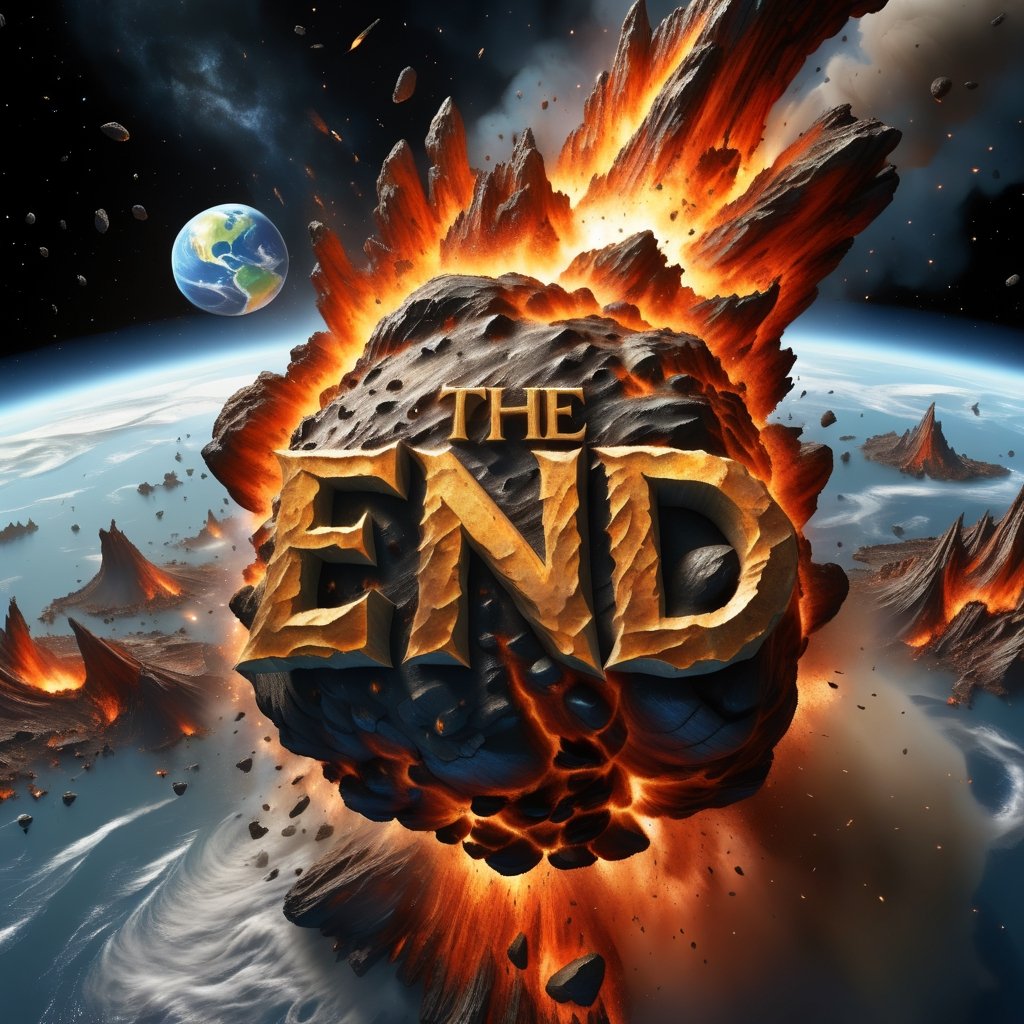 (text logo: "THE END": 1.1) molten rock rocky asteroid, 8k photorealistic, colliding with earth, exploding, space, highly detailed, cinematic