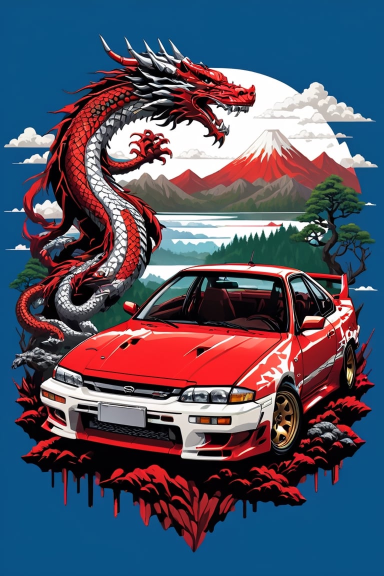 "Creating a cool phone wallpaper: A Nissan Silvia s 13 embarking on an epic adventure, A japanese rising red white sun , a lake, a forest, and a mountainous terrain, The sky adorned with a flying dragon, Vector art style,Japanese Racing Text, Inspired by the game Skyrim's fantasy world." , outline , blank_bg ,empty_background
