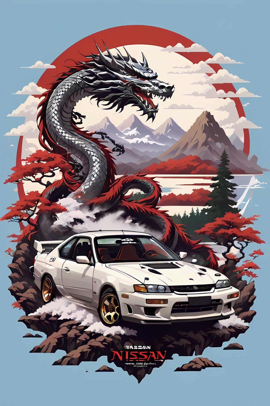 "Creating a cool phone wallpaper: A Nissan Silvia s 13 embarking on an epic adventure, A japanese rising red white sun , a lake, a forest, and a mountainous terrain, The sky adorned with a flying dragon, Vector art style,Japanese Racing Text, Inspired by the game Skyrim's fantasy world." , NO BACKGROUND, Transparent Background
