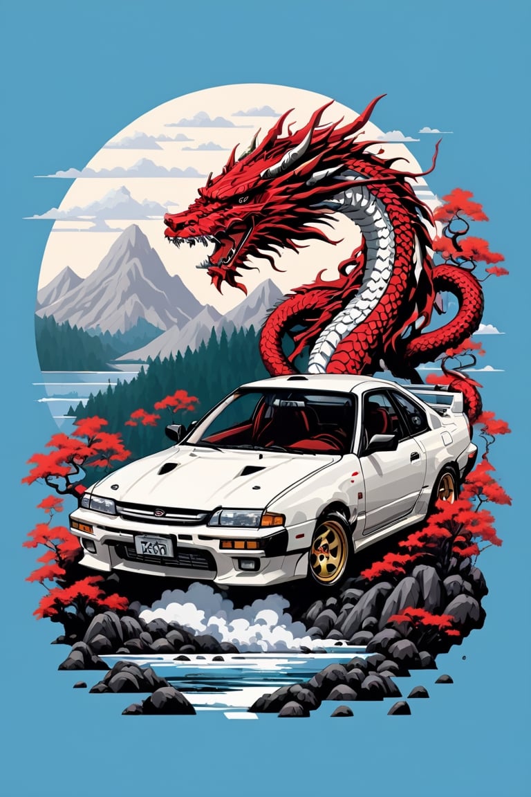 "Creating a cool phone wallpaper: A Nissan Silvia s 13 embarking on an epic adventure, A japanese rising red white sun , a lake, a forest, and a mountainous terrain, The sky adorned with a flying dragon, Vector art style,Japanese Racing Text, Inspired by the game Skyrim's fantasy world." , outline , blank_bg ,empty_background
