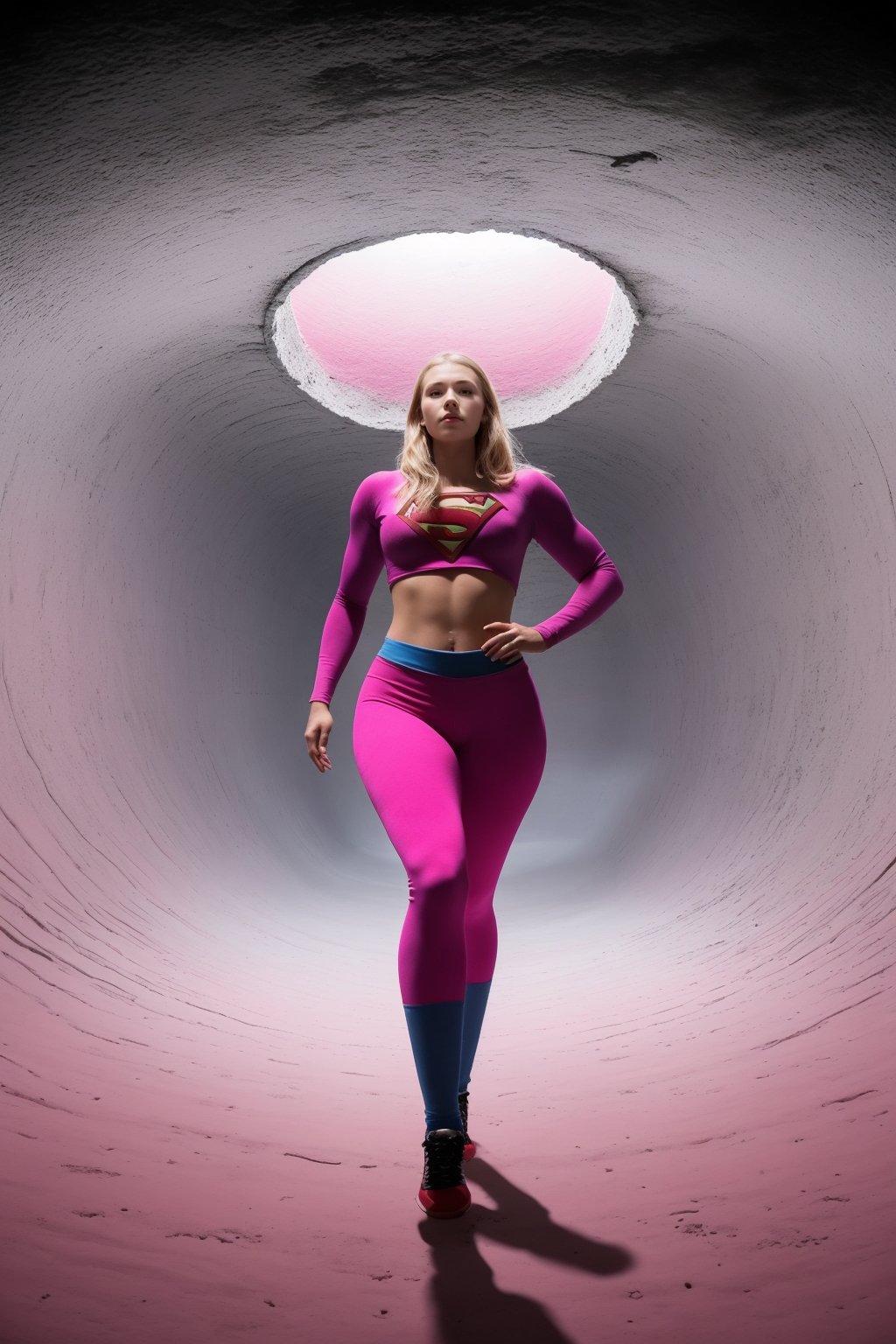 score_9, score_8_up, score_7_up, score_6_up, 1girl, beautiful,extreme muscular, Supergirl, wearing Yogapants,underboob hoodie, at a ,This is an animated image featuring a person standing in the middle of a pink tunnel surrounded by pink clouds. The tunnel appears to be a part of a larger pink structure, possibly a bridge or a sculpture, which is also pink. The person is positioned in the center of the image, looking towards the sky. The scene is filled with pink elements, creating a visually striking and unique composition.