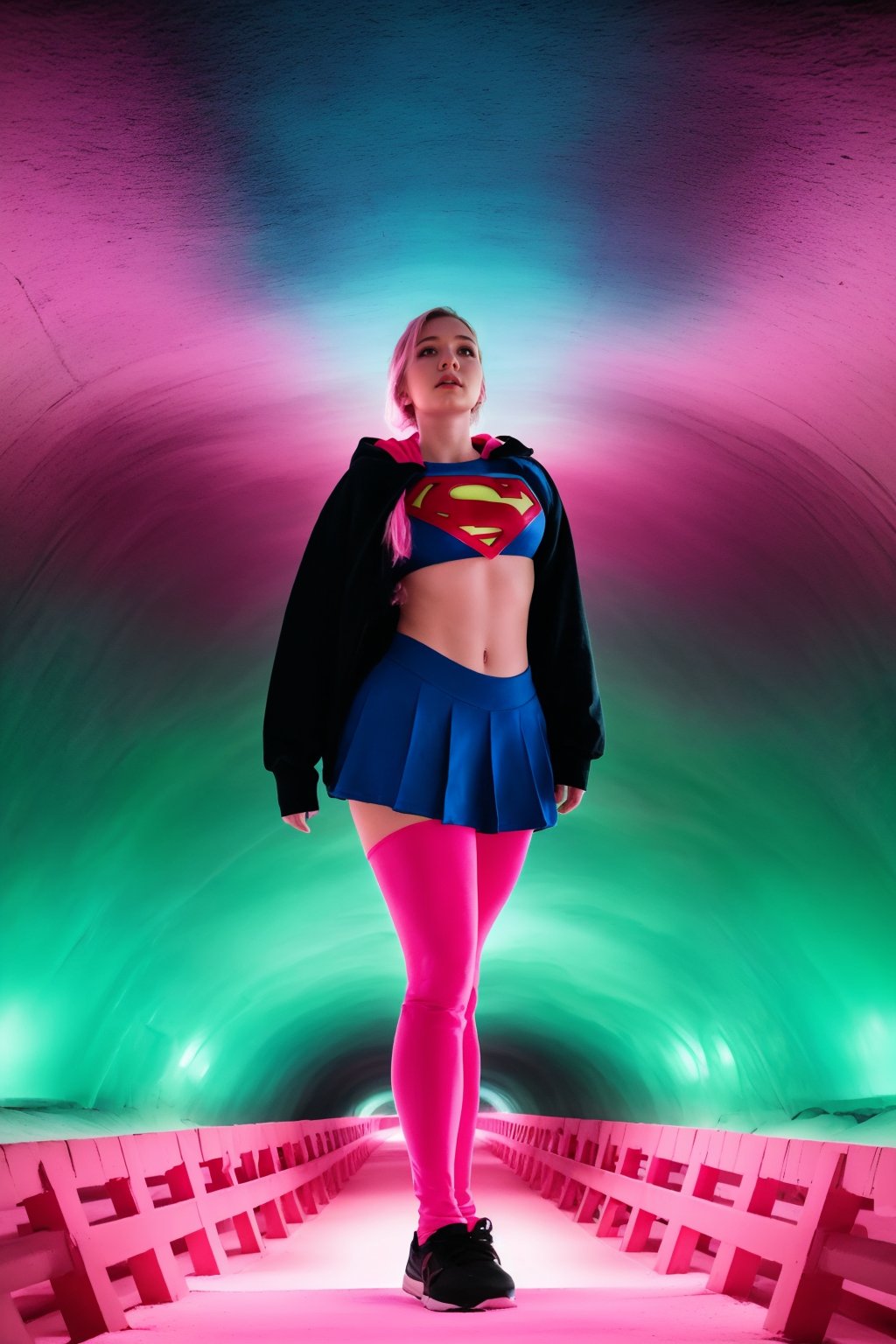 score_9, score_8_up, score_7_up, score_6_up, 1girl, beautiful,extreme muscular, Supergirl, wearing Yogapants,underboob hoodie, at a ,This is an animated image featuring a person standing in the middle of a pink tunnel surrounded by pink clouds. The tunnel appears to be a part of a larger pink structure, possibly a bridge or a sculpture, which is also pink. The person is positioned in the center of the image, looking towards the sky. The scene is filled with pink elements, creating a visually striking and unique composition.