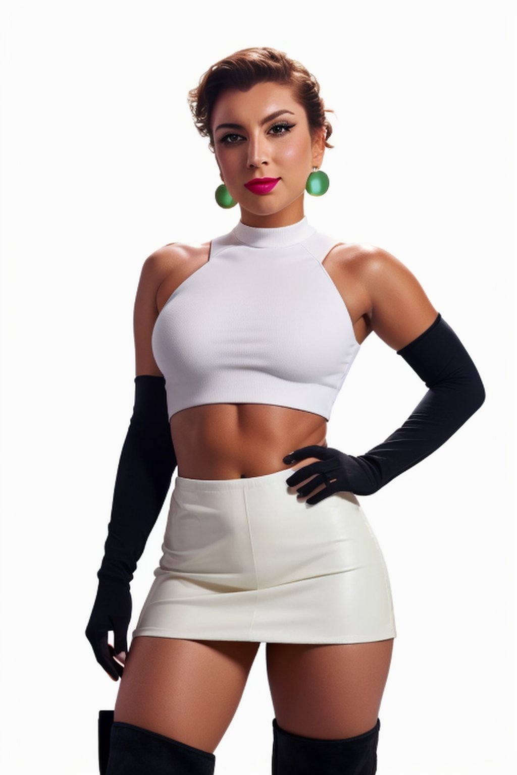 jessie, team rocket, earrings, hair slicked back, posing, makeup, elbow gloves, crop top, miniskirt, thigh boots, cowboy shot, white background perfect, sharp, masterpiece, detailed, high resolution, best quality,