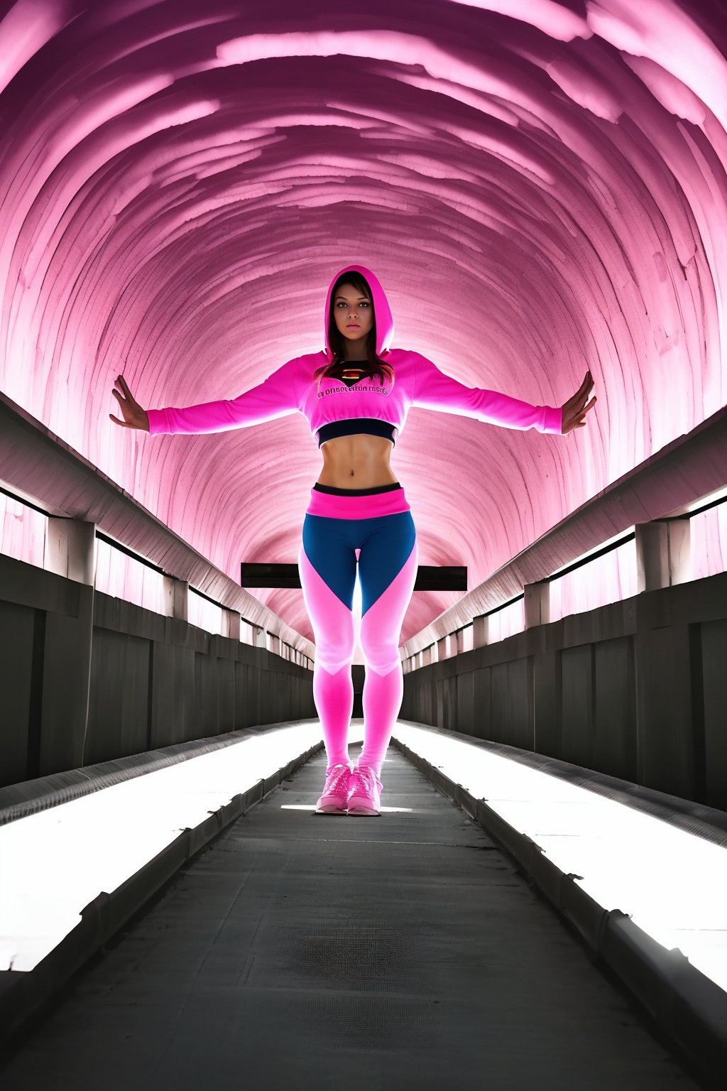 score_9, score_8_up, score_7_up, score_6_up, 1girl, beautiful,extreme muscular, Supergirl, wearing Yogapants,underboob hoodie, at a ,This is an animated image featuring a person standing in the middle of a pink tunnel surrounded by pink clouds. The tunnel appears to be a part of a larger pink structure, possibly a bridge or a sculpture, which is also pink. The person is positioned in the center of the image, looking towards the sky. The scene is filled with pink elements, creating a visually striking and unique composition.