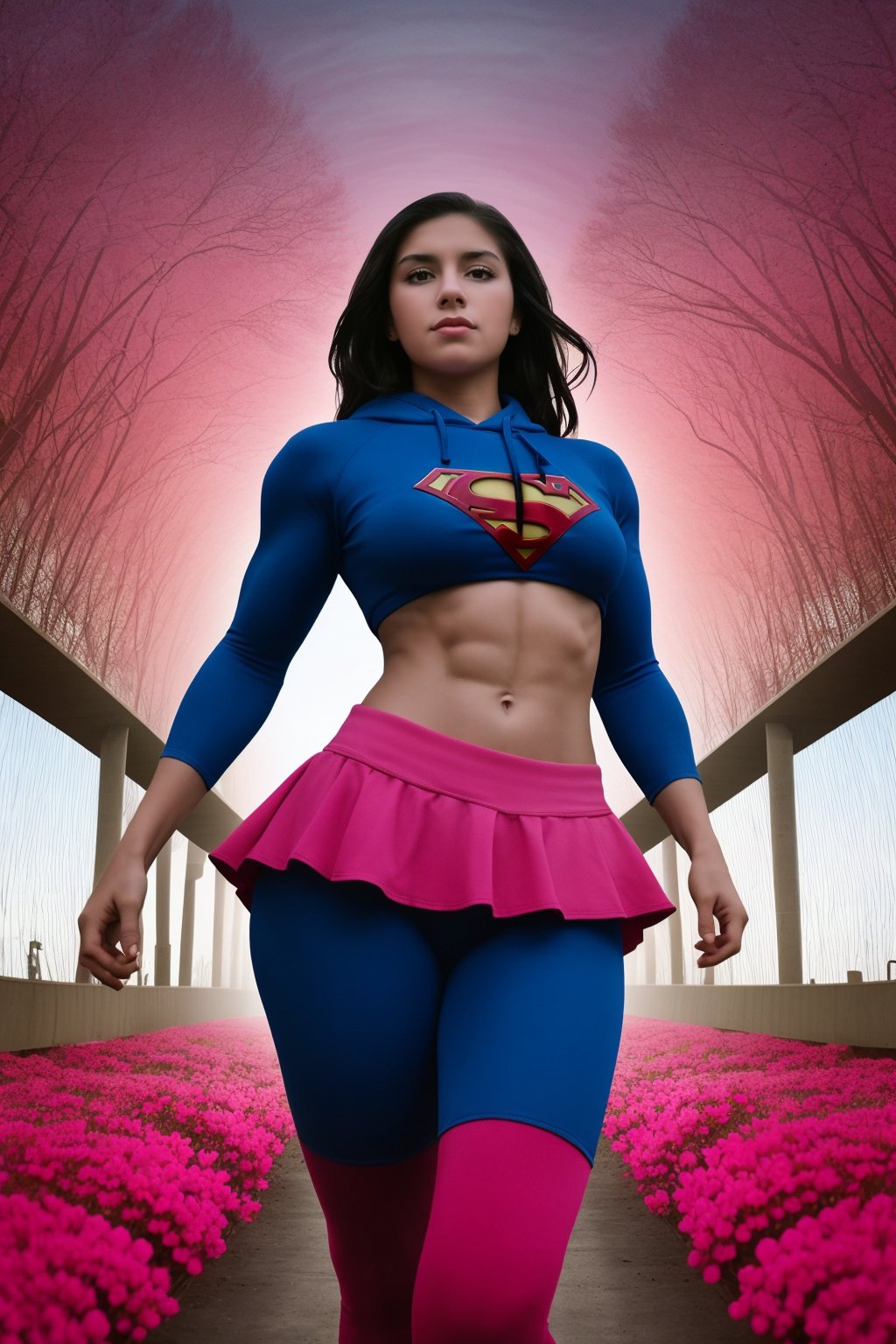 score_9, score_8_up, score_7_up, score_6_up, 1girl, beautiful,extreme muscular, Supergirl, wearing Yogapants,underboob hoodie, at a ,This is an animated image featuring a person standing in the middle of a pink tunnel surrounded by pink clouds. The tunnel appears to be a part of a larger pink structure, possibly a bridge or a sculpture, which is also pink. The person is positioned in the center of the image, looking towards the sky. The scene is filled with pink elements, creating a visually striking and unique composition.