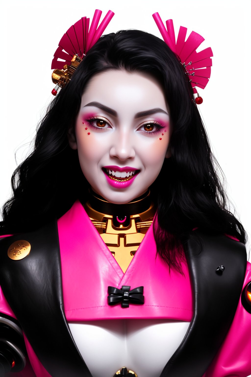 woman with a robotic geisha face, porcelain skin and human body,
long vampire golden fangs as teeth, pink details, leather fashion,
long black hair, white background