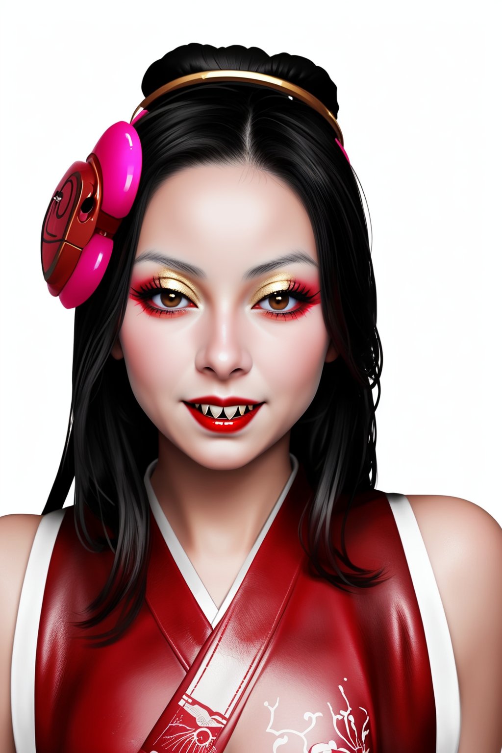 woman with a robotic geisha face, porcelain skin and human body,
long vampire golden fangs as teeth, pink details, leather fashion,
long black hair, white background