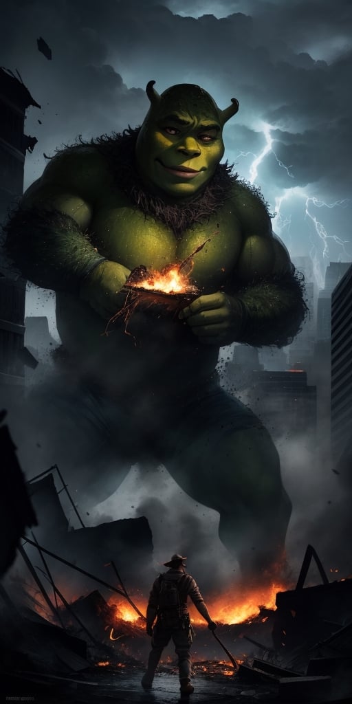 1man, ground level BREAK gigantic and terrifying (shrek, (entire body), destroying the city, fire, [[rubble, debris]], highly detailed digital art, realistic style, amazing artwork, hyperrealistic, cinematic lighting, cinematic photograph, 8k, volumetric lighting BREAK lightning storm, green lightning,