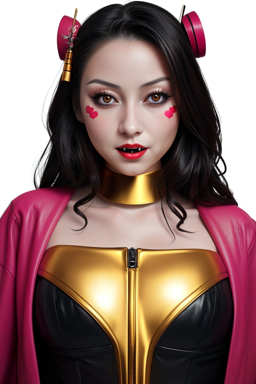 woman with a robotic geisha face, porcelain skin and human body,
long vampire golden fangs as teeth, pink details, leather fashion,
long black hair, white background