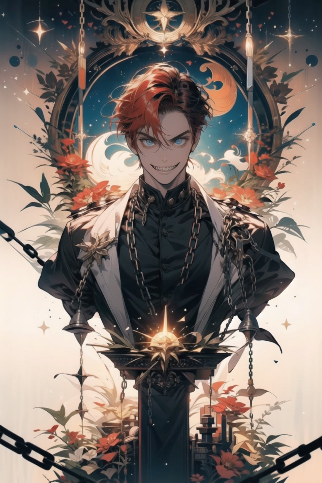 One boy(adult male), red hair, blue crazy eyes, crazy smile(sharp teeth:1.2), masterpieces (masterpiece :1.1), best quality, high quality, chlotes( black chlotes (chlotes :1.2), chains), background (prison, little light from top, chains on the wall, sing where write (dangerous) high sun)