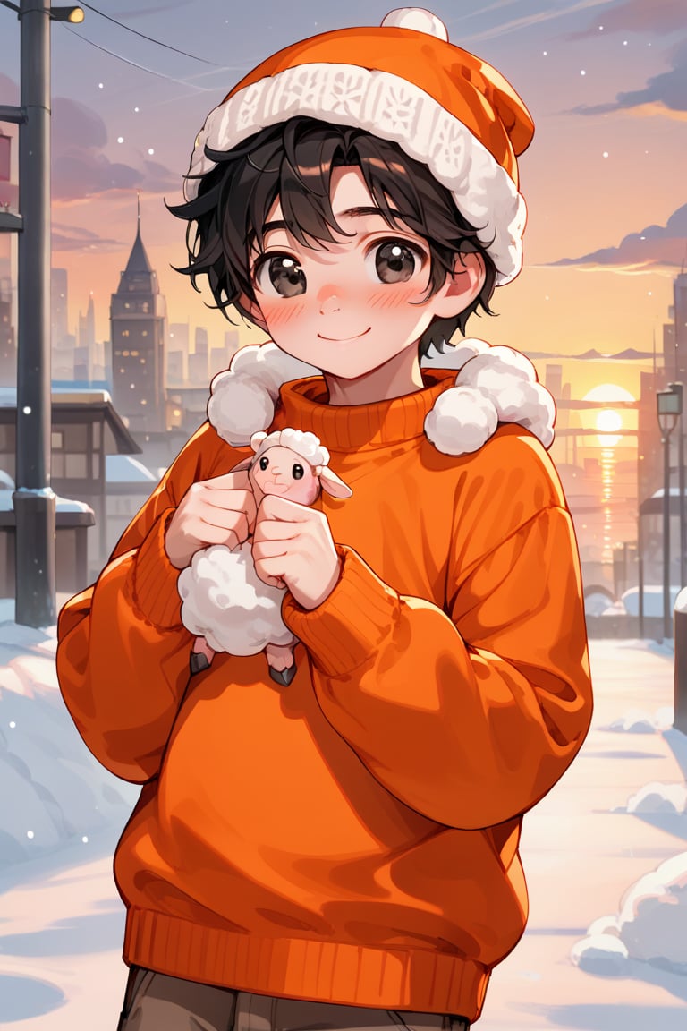 a little boy a wool cap drow , orange sweater,male, lifting his sweater, snow, sunset ,looking, blushing, cute, blushing, black eyes, black hair, smile, city
