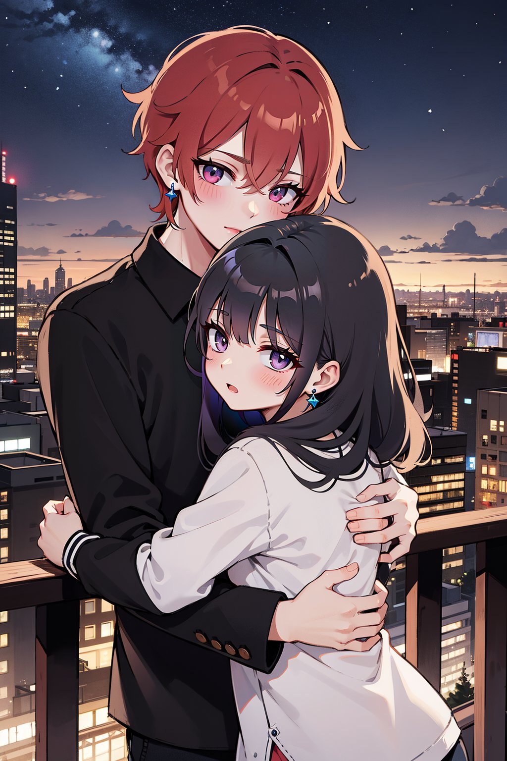 1girl red hair, 1boy, long_hair, hug, night, black_hair, Man_hugs_girl_from_behind, shirt, hetero, looking_at_viewer, brown_hair, night_sky, couple, sky, long_sleeves, jewelry, earrings, cityscape,