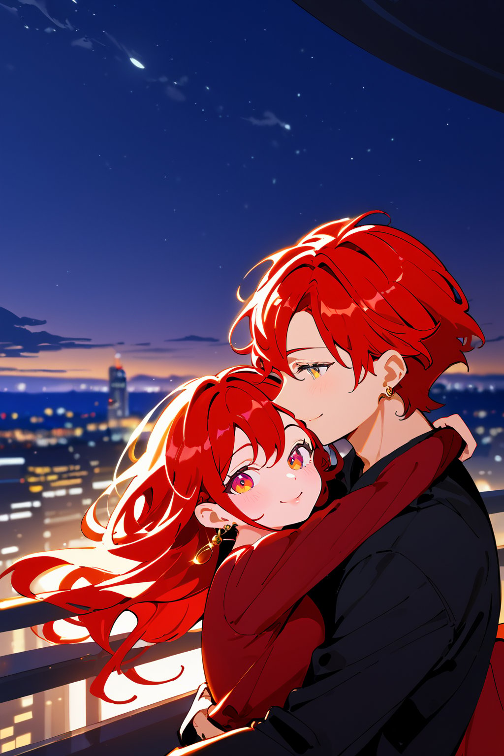 1girl red hair, 1boy, long_hair, hug, night, black_hair, Man_hugs_girl_from_behind, shirt, hetero, looking_at_viewer, brown_hair, night_sky, couple, sky, long_sleeves, jewelry, earrings, cityscape,jaeggernawt