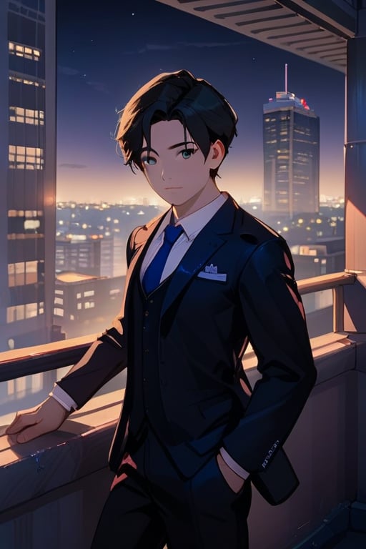 a man black hair, sexy guy, standing on the balcony of a building,city, modern city, night,looking at the front building, wearing a suit, sexy pose,leaning on the railing, detailed_face