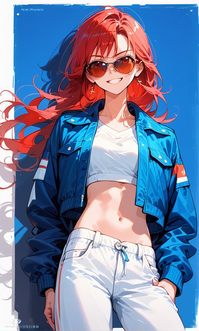 Score_9, Score_8_up, Score_7_up, Score_6_up, Score_5_up, Score_4_up,

((Cinematic)), (extremely detailed fine touch: 1.2),(masterpiece), (best quality), (concept art), 1girl, solo, long red hair, looking at viewer, shirt, red hair, navel, standing, jacket, full body, white shirt, shoes, midriff, pants, crop top, shadow, sunglasses, blue jacket, sneakers, cropped jacket, expressive, determined, smooth lighting,art, illustration,background, soft blending, loose lines, smooth shado, sweet, happy, sexy, sexy pose,smiling,

