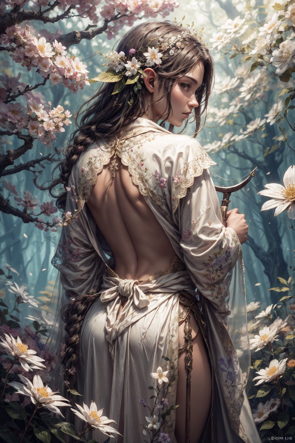 (4k), (masterpiece), (best quality),(extremely intricate), (realistic), (sharp focus), (cinematic lighting), (extremely detailed),

A young beautiful high elf archer girl posing with back turned to the viewer. She is in a secluded enchanted forest and is wearing white elven silk robe.

,flower4rmor, see-through ,flowers in hair, Flower, flower white silk robe
,DonM4lbum1n
,DonMChr0m4t3rr4 
,LODBG,no_humans,glyphtech