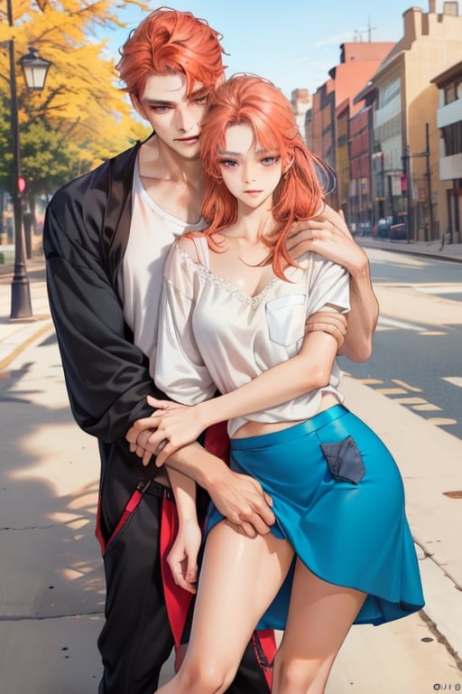 Couple of a corean man and a Real girl for VROID, light red hair, long hair, white shirt, blue skirt, pocket,edgSDress, hugging in the park