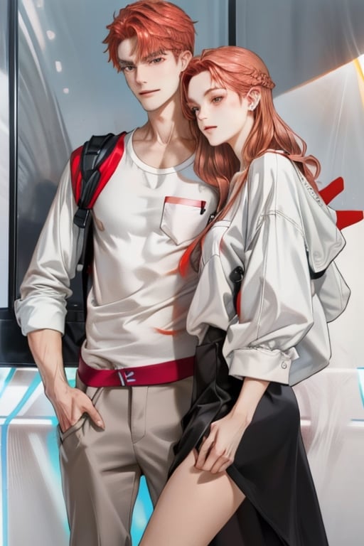 Couple of a corean man and a Real girl for VROID, light red hair, long hair, white shirt, grey skirt, pocket,edgSDress,1boy