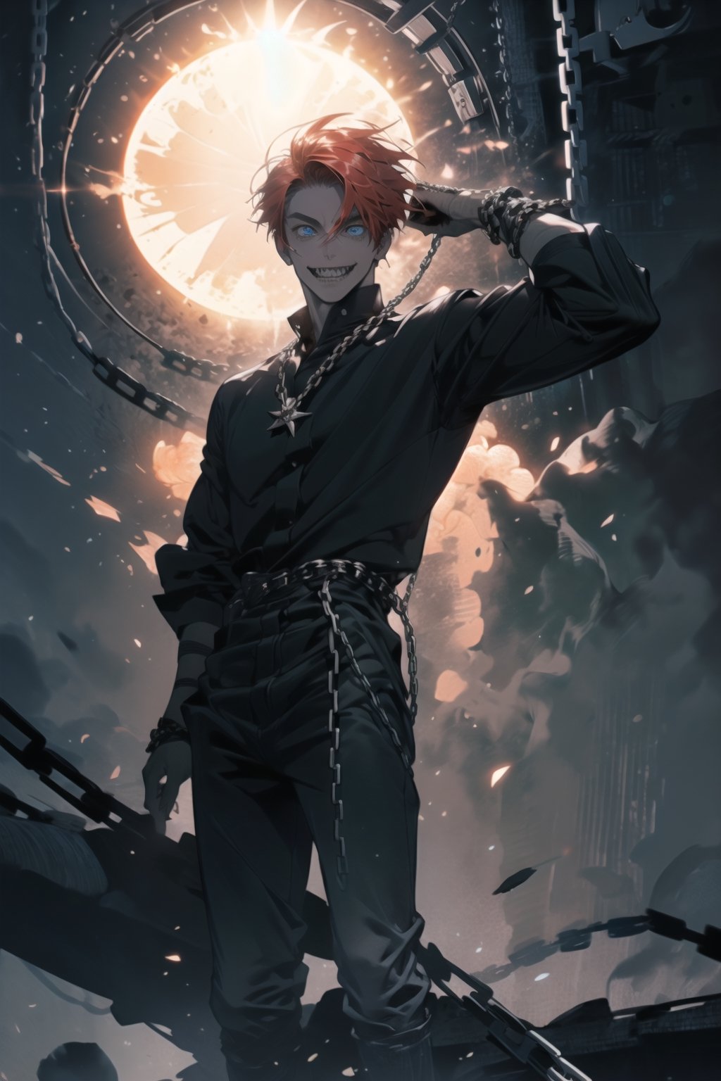 One boy(adult male), red hair, blue crazy eyes, crazy smile(sharp teeth:1.2), masterpieces (masterpiece :1.1), best quality, high quality, chlotes( black chlotes (chlotes :1.2), chains), background (prison, little light from top, chains on the wall, sing where write (dangerous) high sun)