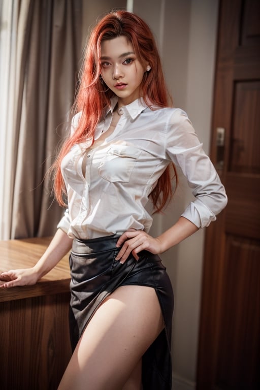 Couple of a corean man with black hair and a latin girl with light red hair, long hair, white shirt, grey skirt, pocket,style,photorealistic,Wonder of Beauty,girl,Sexy Pose