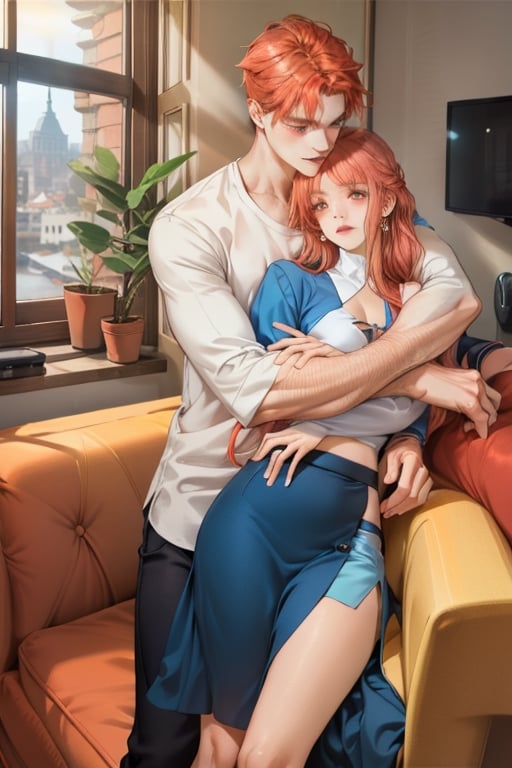 Couple of a corean man and a Real girl for VROID, light red hair, long hair, white shirt, blue skirt, pocket,edgSDress, hugging in a sofa in house