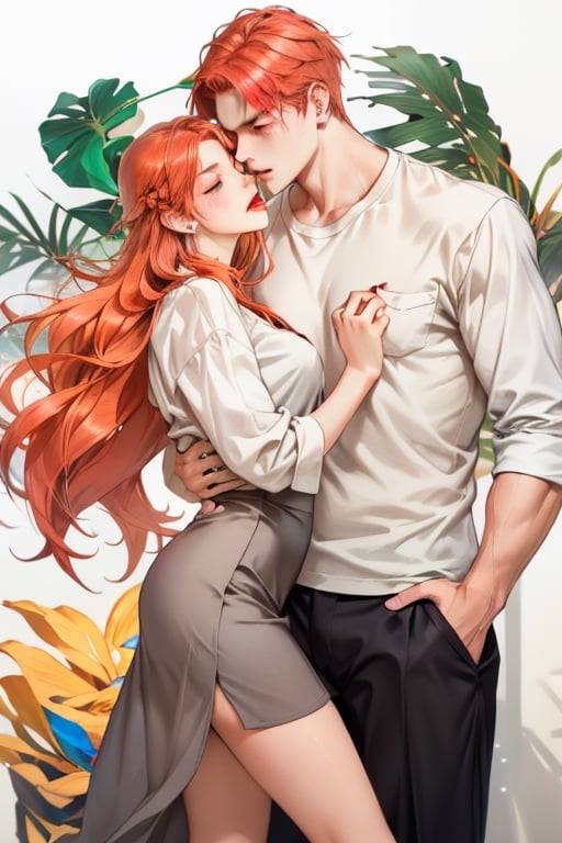 Couple of a corean man and a Real girl for VROID, light red hair, long hair, white shirt, grey skirt, pocket,edgSDress, kissing