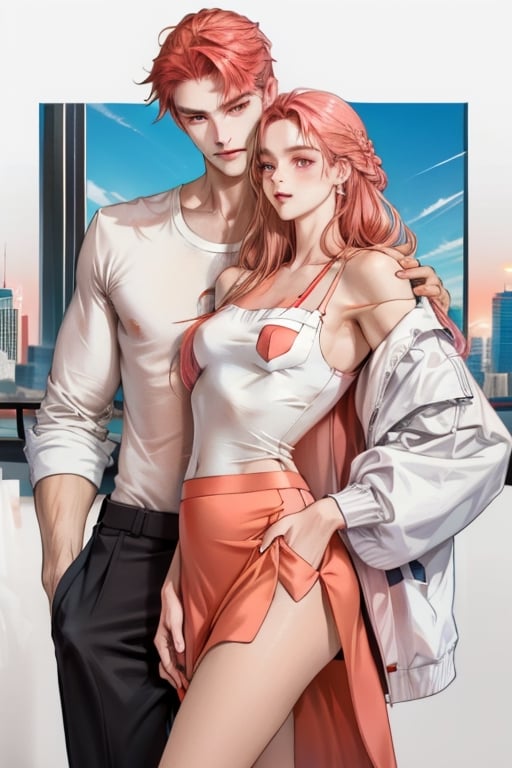Couple of a corean man and a Real girl for VROID, light red hair, long hair, white shirt, pink skirt, pocket,edgSDress,1boy