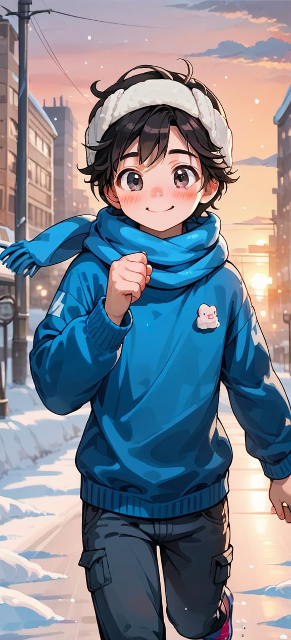 a little boy a wool cap , blue sweater,male,long pants, running and playing with de snow, snow, sunset ,looking, blushing, cute, blushing, black eyes, black hair, smile, city, modern city,scarf
