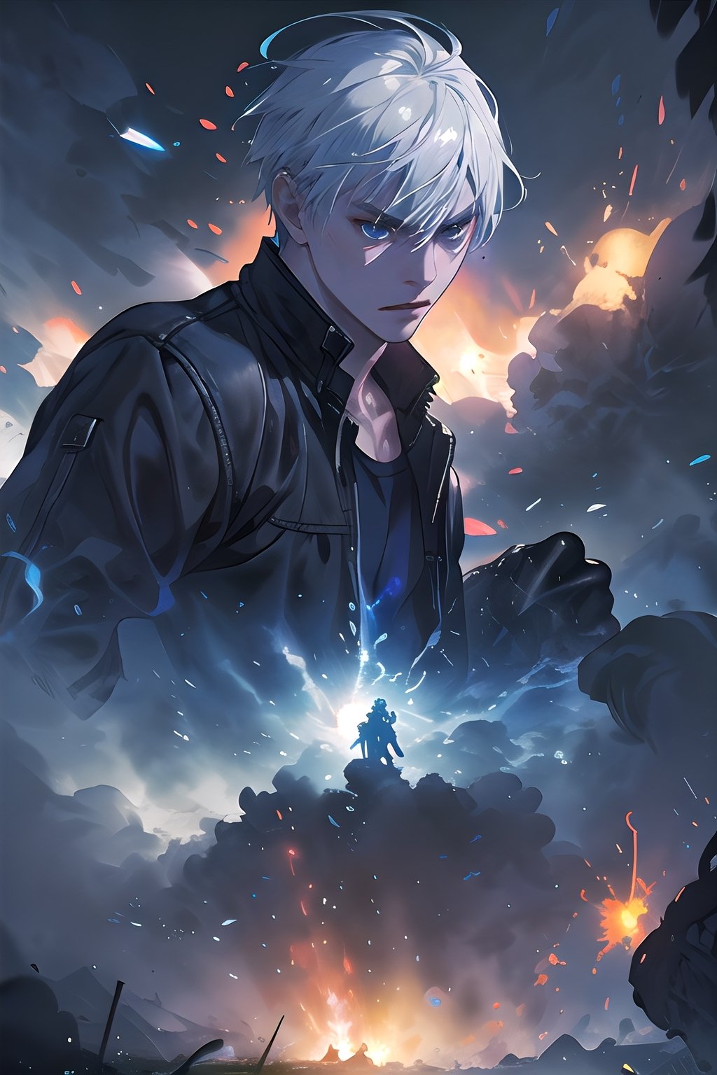 "Craft a highly detailed and emotionally charged depiction of Gojo Satoru in an epic fight, white short hair, with his intense blue eyes and white hair accentuated against a backdrop of roaring flames, drawing inspiration from the captivating style of Makoto Shinkai."