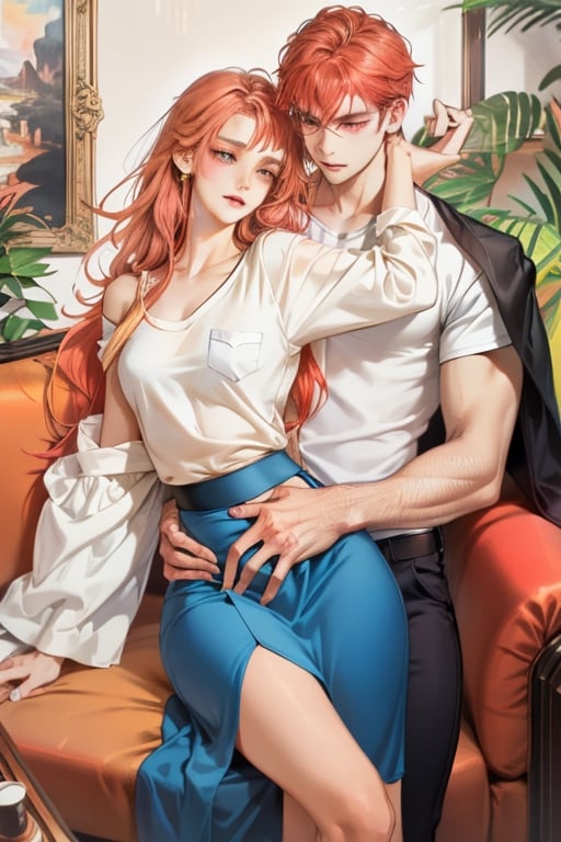 Couple of a corean man and a Real girl for VROID, light red hair, long hair, white shirt, blue skirt, pocket,edgSDress, hugging in a sofa in house