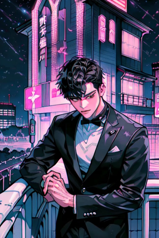 a man black hair, sexy guy, standing on the balcony of a building,city, modern city, night,looking at the front building, wearing a suit, sexy pose,leaning on the railing, detailed_face,daisuke sorachi, 1boy, solo