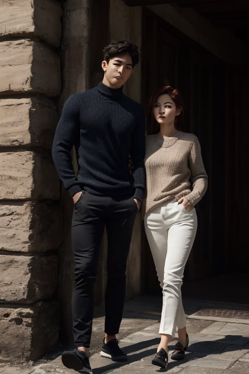 Romantic Couple(masterpiece, best quality: 1.1), (1 corean boy), high resolution, Manga, (ultradetailed), (only: 1.5), defined muscles, tight black sweater, formal pants, shoes, seductive, elegant, stylish, sexy, looking at viewer, full body, perfect body, beautiful man, (beautiful detailed face: 1.2), beautifully detailed eyes, white hair, intricate details, perfect hands, detailed fingers, fantastic background, volumetric lighting, intricate details, tone mapping, sharp focus, hyper detailed,Sexy Muscular,Clothmancer,VPL,1boy,
(1 italian girl), red hair girl,irish