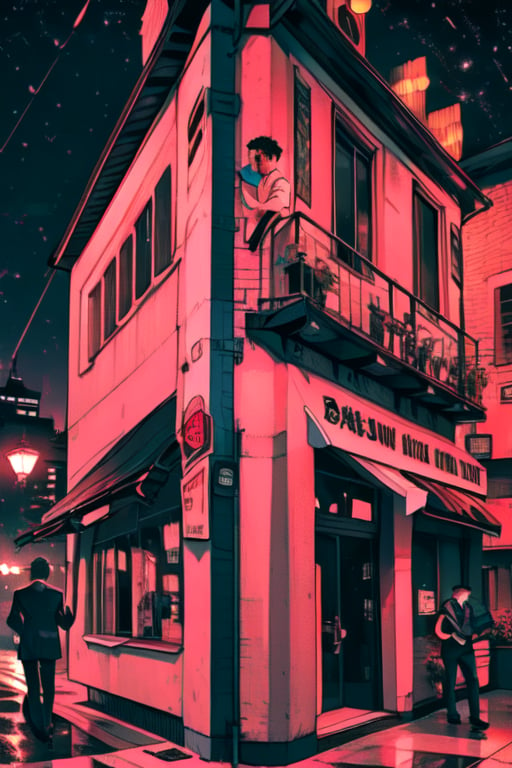 a man black hair, sexy guy, standing on the balcony of a building,city, modern city, night,looking at the front building, wearing a suit, sexy pose,leaning on the railing, detailed_face,1boy, solo,colorfulnight