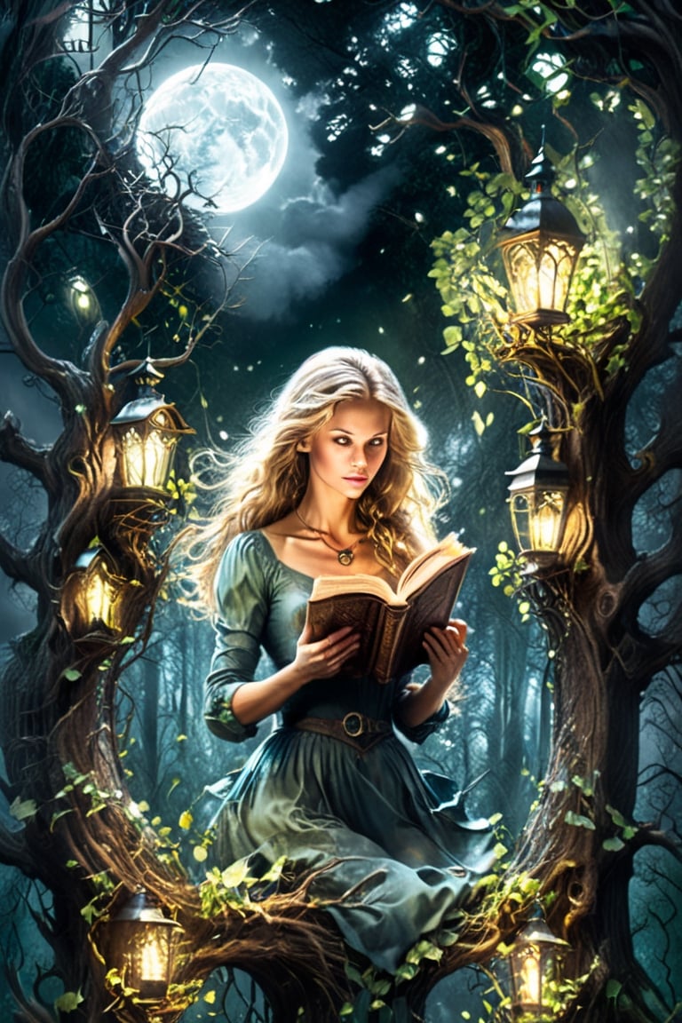 Wide shot, Best quality, high-res, a beautiful caucasian woman, Design a captivating book cover that encapsulates the essence of "Havenwood Secrets." The cover should reflect the suspenseful and mysterious nature of the story, set in a small town with hidden depths. Consider using elements such as moonlight, tangled woods, and subtle hints of intrigue. The cover should evoke a sense of curiosity and anticipation, enticing readers to delve into the enigmatic world within the pages, photorealistic,DonMn1ghtm4reXL