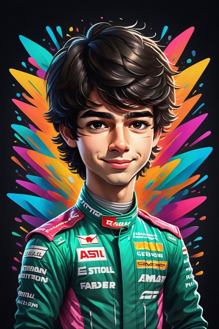 Marking. Colorful, cute and adorable F1 driver Lance Stroll, smiling, thick eyebrows, dancing, wearing dark green Aston Martin uniform, 
 3D cartoon character. hyperrealism, photorealism, beautiful, complex, incredibly detailed and award-winning photographs. dark background illuminated by neon lights