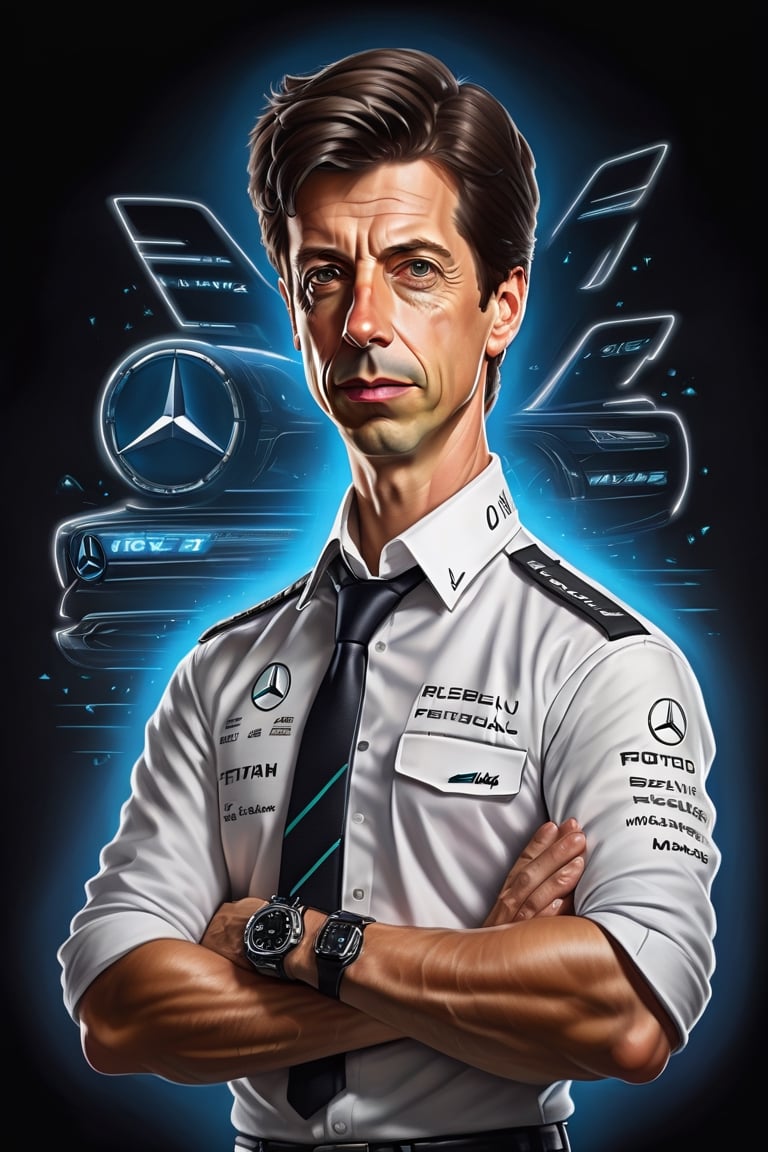 Marking. Colorful, cute and adorable F1 principal (Toto Wolff), serious, arms crossed, wearing white fitted shirt with mercedes logo, black pants, 
 3D cartoon character. hyperrealism, photorealism, beautiful, complex, incredibly detailed and award-winning photographs. dark background illuminated by neon lights