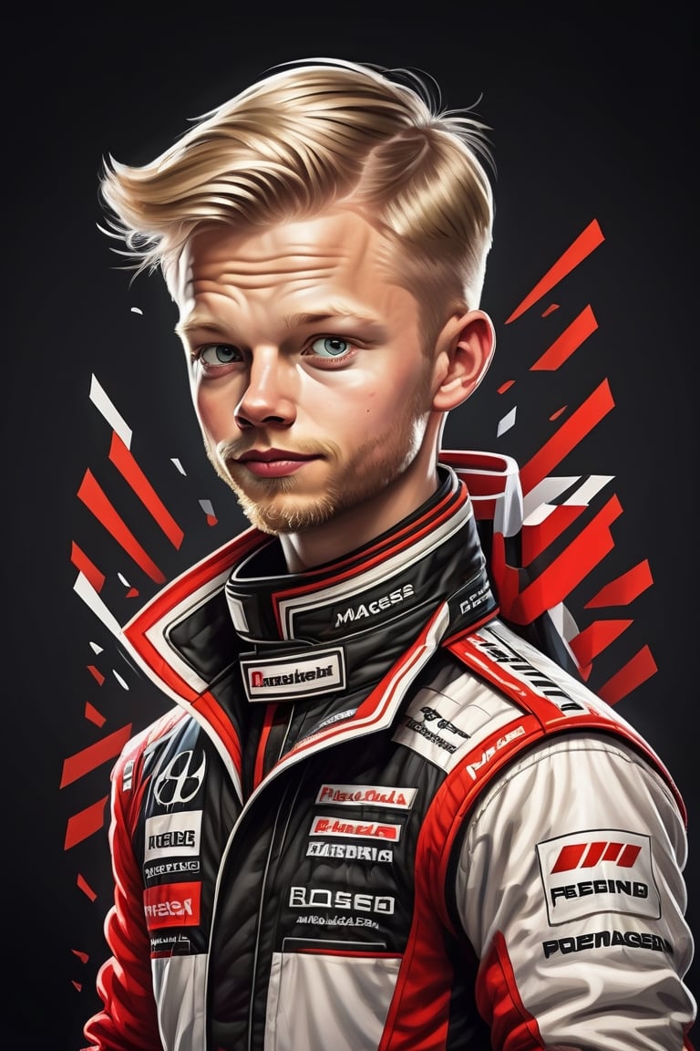 Marking. Colorful, cute and adorable F1 driver kevin magnussen, short beard, dancing, wearing black and red and white Haas uniform, 
 3D cartoon character. hyperrealism, photorealism, beautiful, complex, incredibly detailed and award-winning photographs. dark background illuminated by neon lights