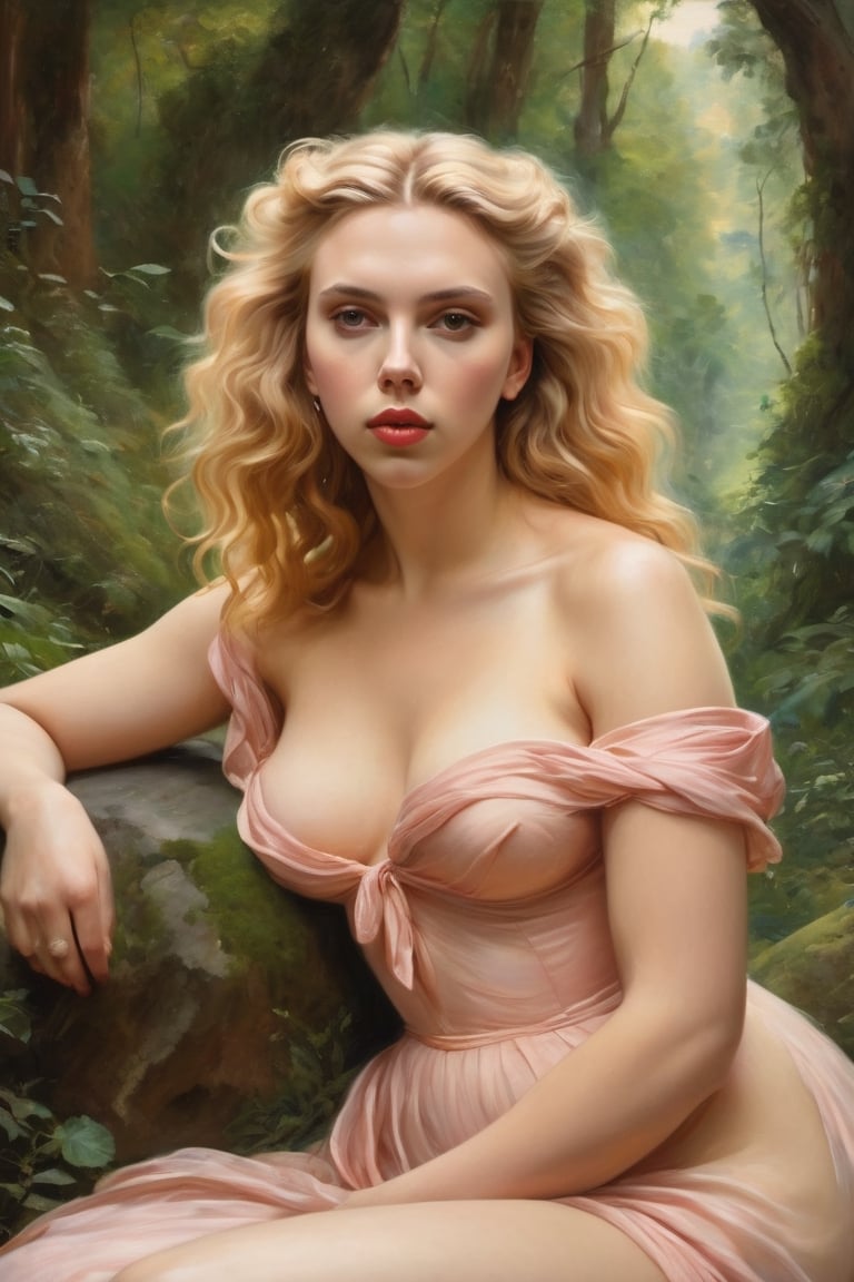 A masterpiece. An oil painting 18th century French Rococo art. A beautiful young Scarlett Johansson nude, blonde wavy hair and fair skin (posing nude:1.3) outdoors in a lush, verdant forest setting. hourglass figure. seated amidst mossy rocks and trees, gazing pensively into the distance while surrounded by the rich foliage of the woods. Loose brushstrokes in pastel colors like peach, cream and rosy pink define her smooth skin and rosy cheeks. Her nude form is idealized and sensual but rendered tastefully. Light filtering through the trees creates a luminous, ethereal mood around the graceful pose ,dripping paint,scarlett johansson