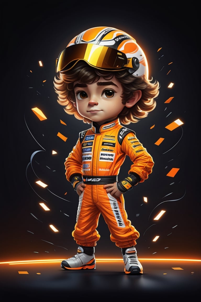 Marking. Colorful, cute and adorable F1 driver lando norris, dancing, hair sides and back short, wearing orange and black Mclaren uniform, 
 3D cartoon character. hyperrealism, photorealism, beautiful, complex, incredibly detailed and award-winning photographs. dark background illuminated by neon lights