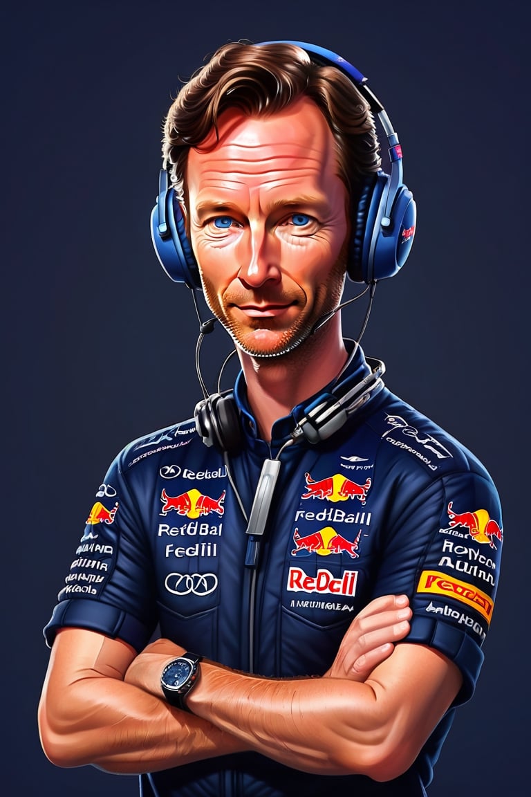 Marking. Colorful, cute and adorable F1 team principal Christian Horner, serious, arms crossed, wearing dark blue headphoneswith redbull logo, 
 3D cartoon character. hyperrealism, photorealism, beautiful, complex, incredibly detailed and award-winning photographs. dark background illuminated by neon lights